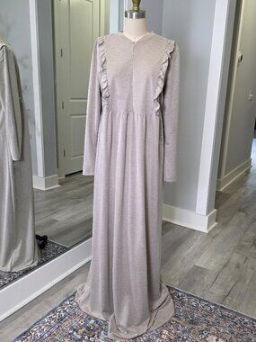 Long Sleeve Ruffle Trim Zip-Front Knit Maxi Dress in Taupe Beige